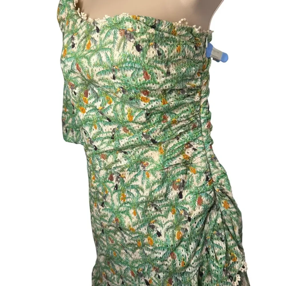 Farm Rio Mini Toucans One Shoulder Dress XL Tropical Resort Lined Ruffle Texture